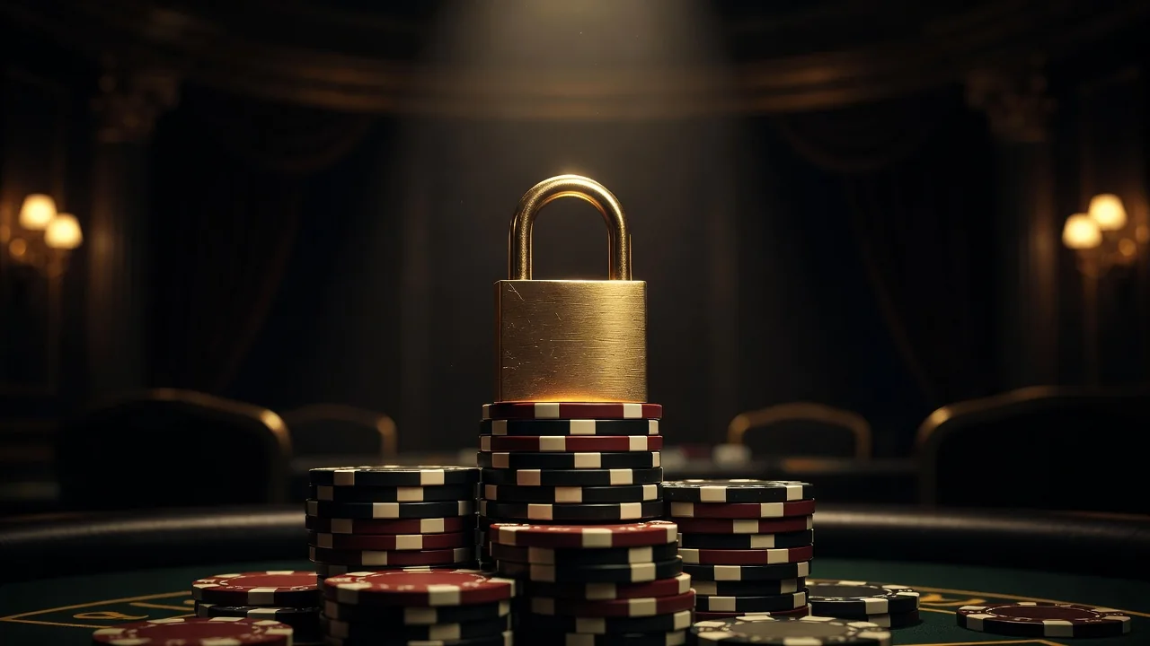 golden padlock resting on a stack of casino chips, dark background with soft spotlight