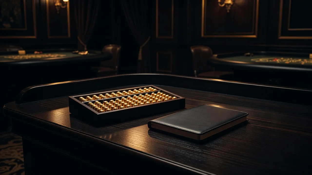 abacus with golden beads beside a small notebook on dark wooden desk
