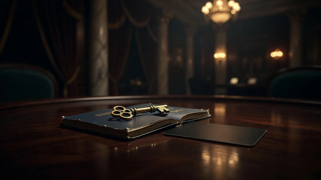 brass key resting on an open passport beside a blank bank card, dark moody lighting