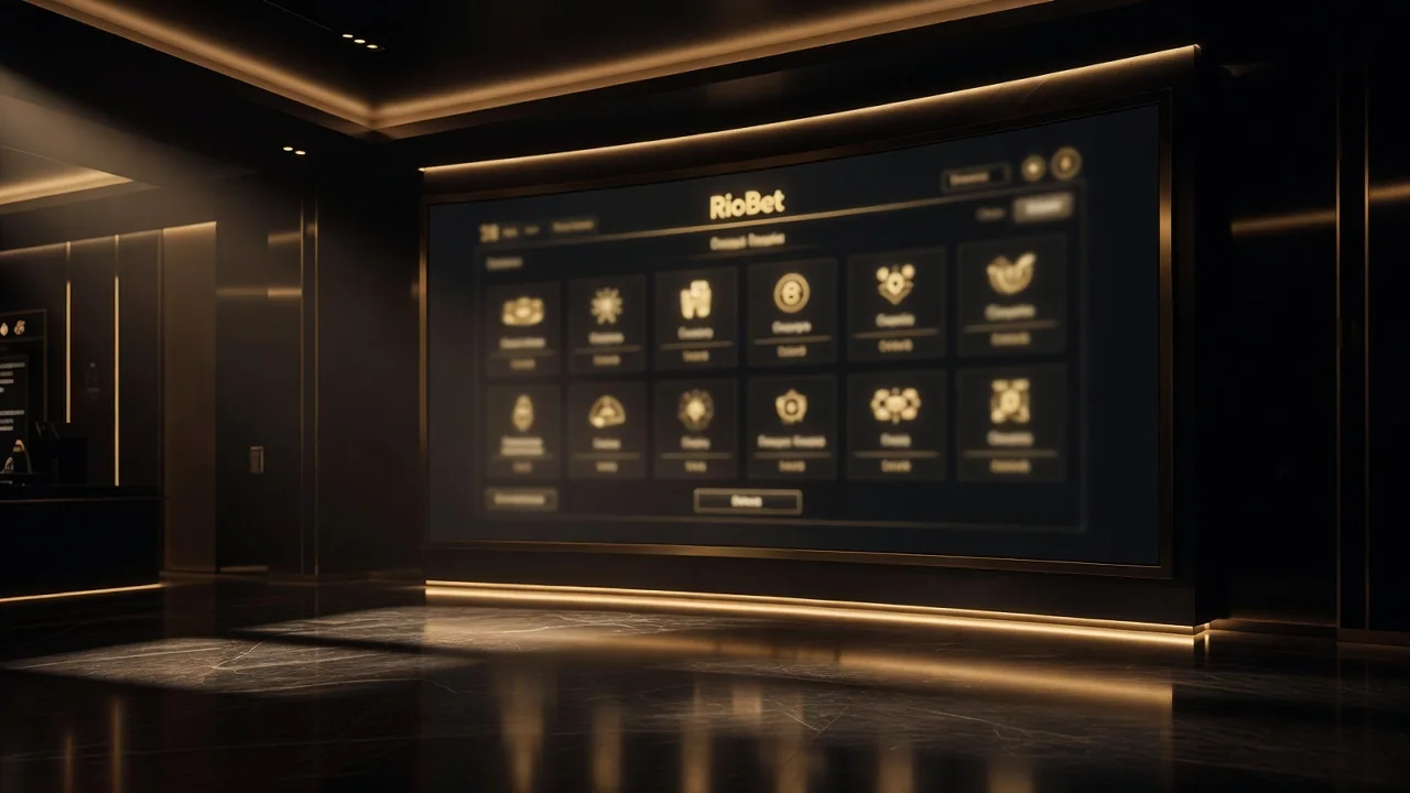 RioBet official site lobby with game categories on a dark gold-themed interface