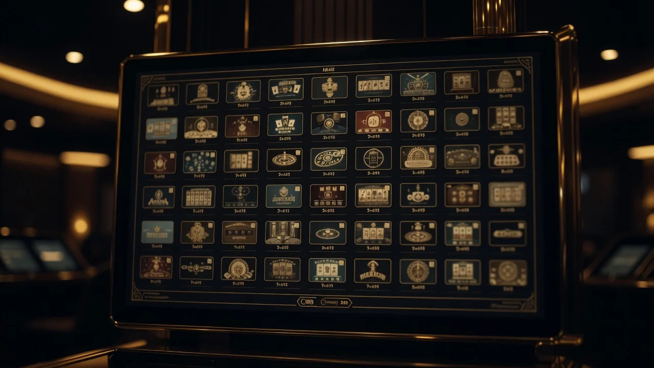 online casino game lobby thumbnails on a dark screen with gold accents