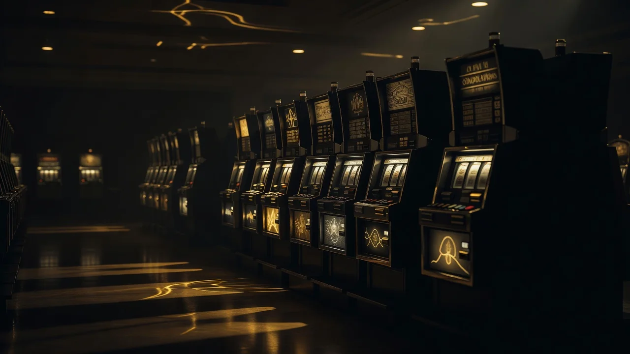 row of glowing slot machine silhouettes in a dark casino hall with gold neon reflections
