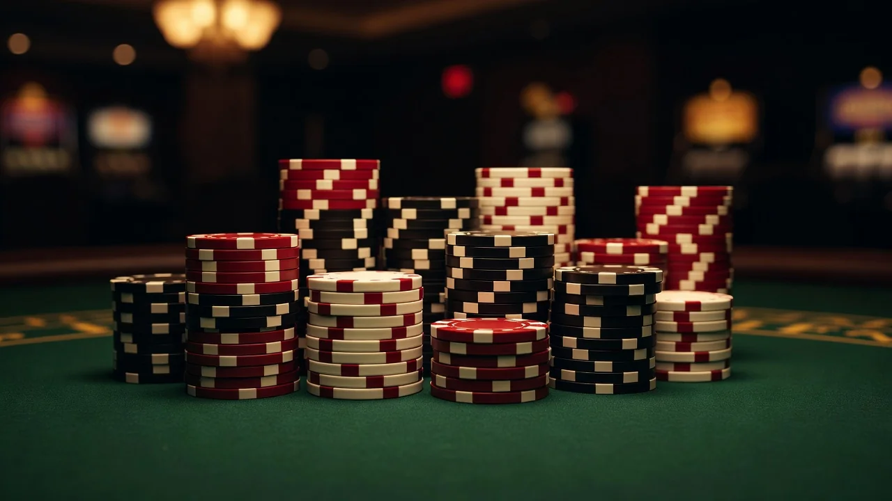 close-up of casino chips arranged in neat stacks on green felt, shallow depth of field