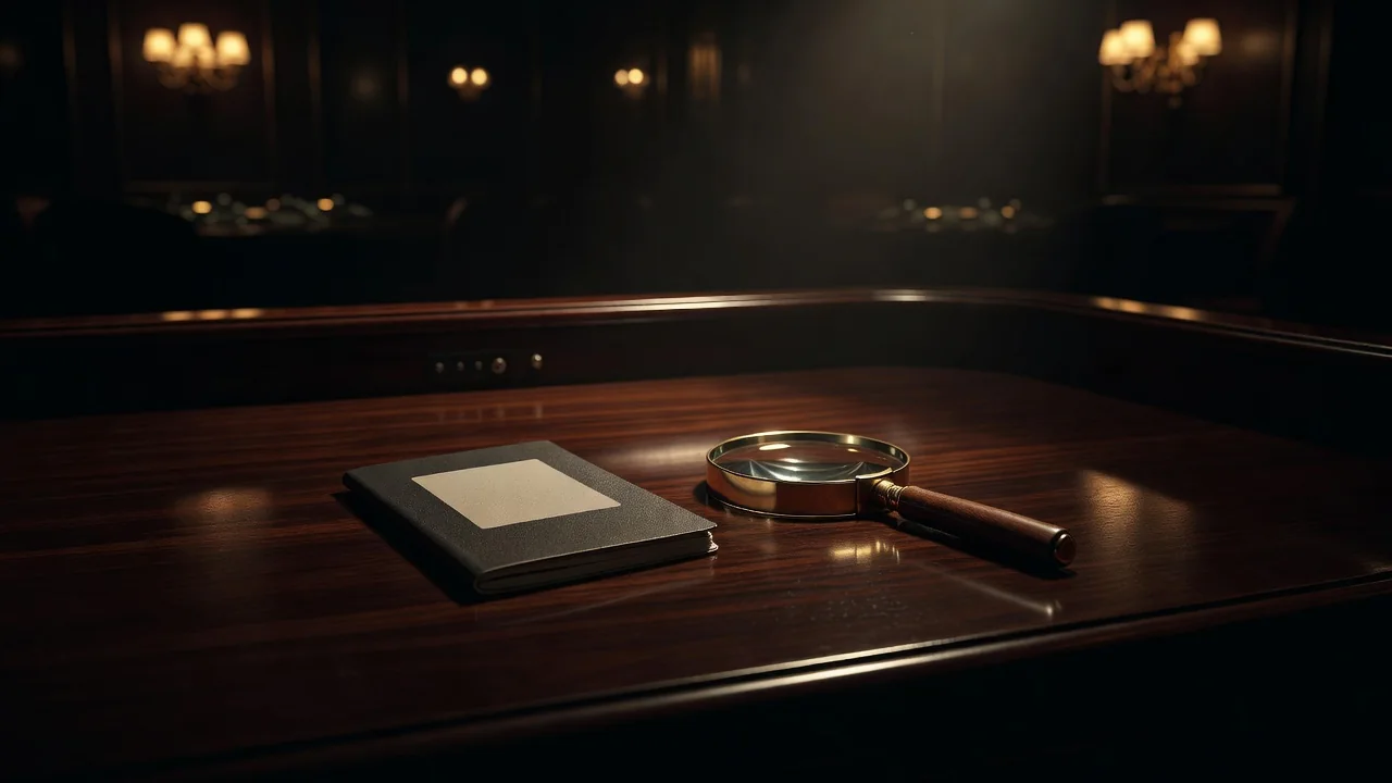 passport and blank ID card on dark desk beside a magnifying glass, warm focused lighting