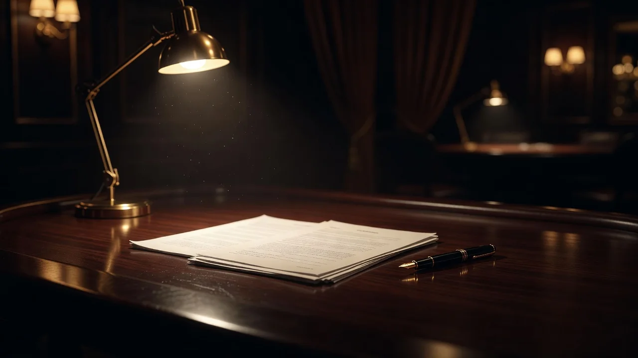 desk lamp illuminating a neatly arranged set of documents and a pen on dark wooden surface