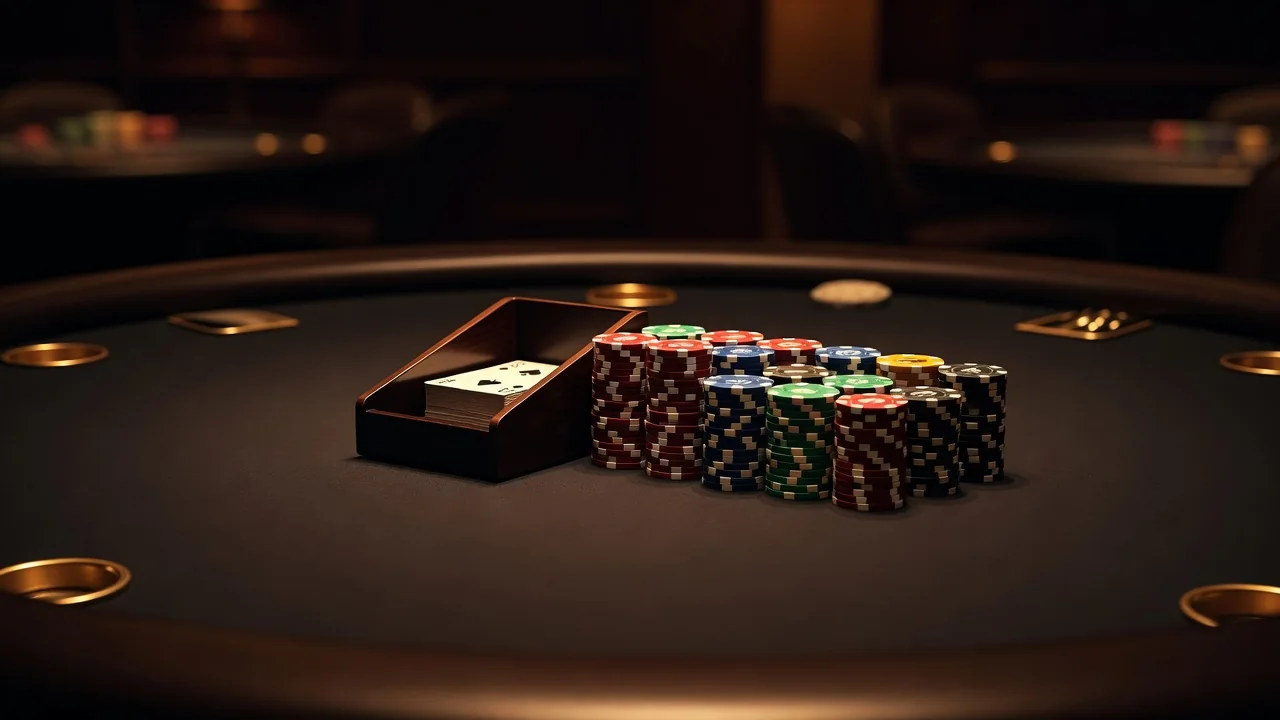 professional casino dealer table with card shoe and neatly arranged chips under warm studio light, plain dark felt without printed markings
