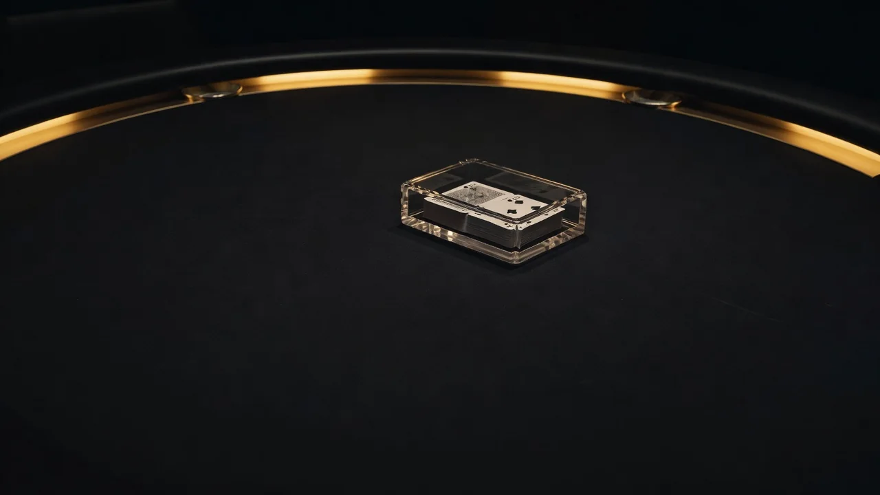 overhead view of a baccarat table edge with crystal-clear card shoe on plain dark felt, moody casino lighting