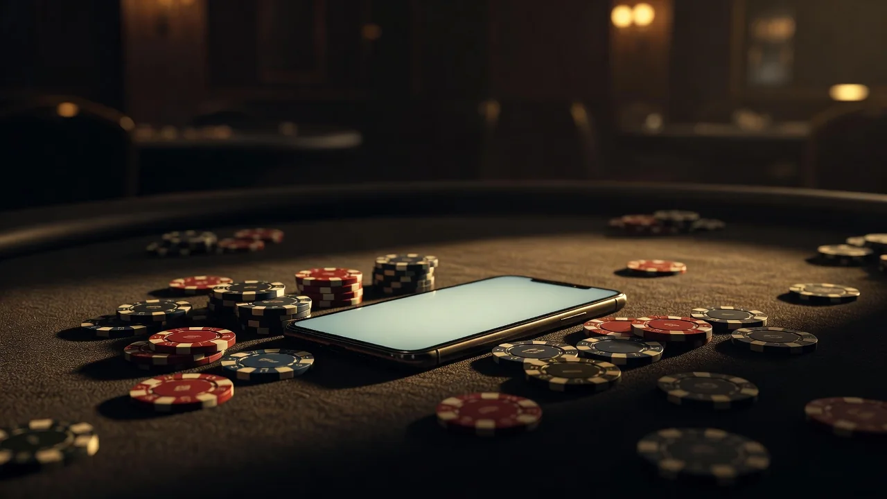 smartphone lying on dark felt surrounded by scattered casino chips, screen glowing softly