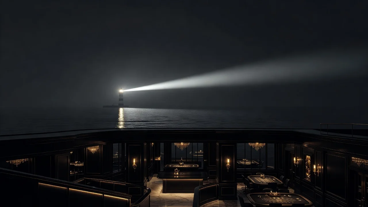 lighthouse beam cutting through dark night over a calm sea, minimalist dramatic composition