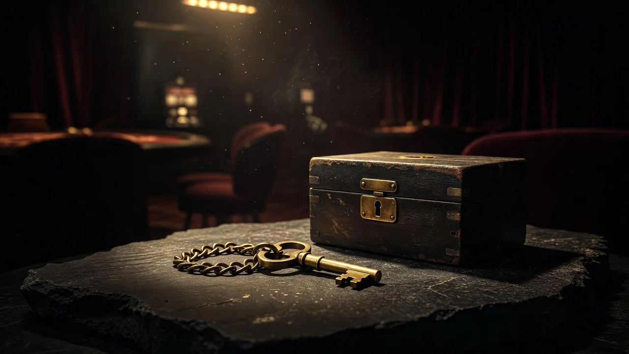 vintage brass key on a chain lying on dark stone beside a small locked box