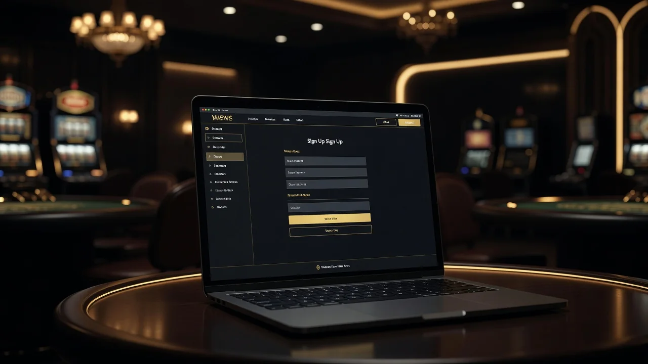 sign-up form on a dark casino website with gold accents on a laptop screen