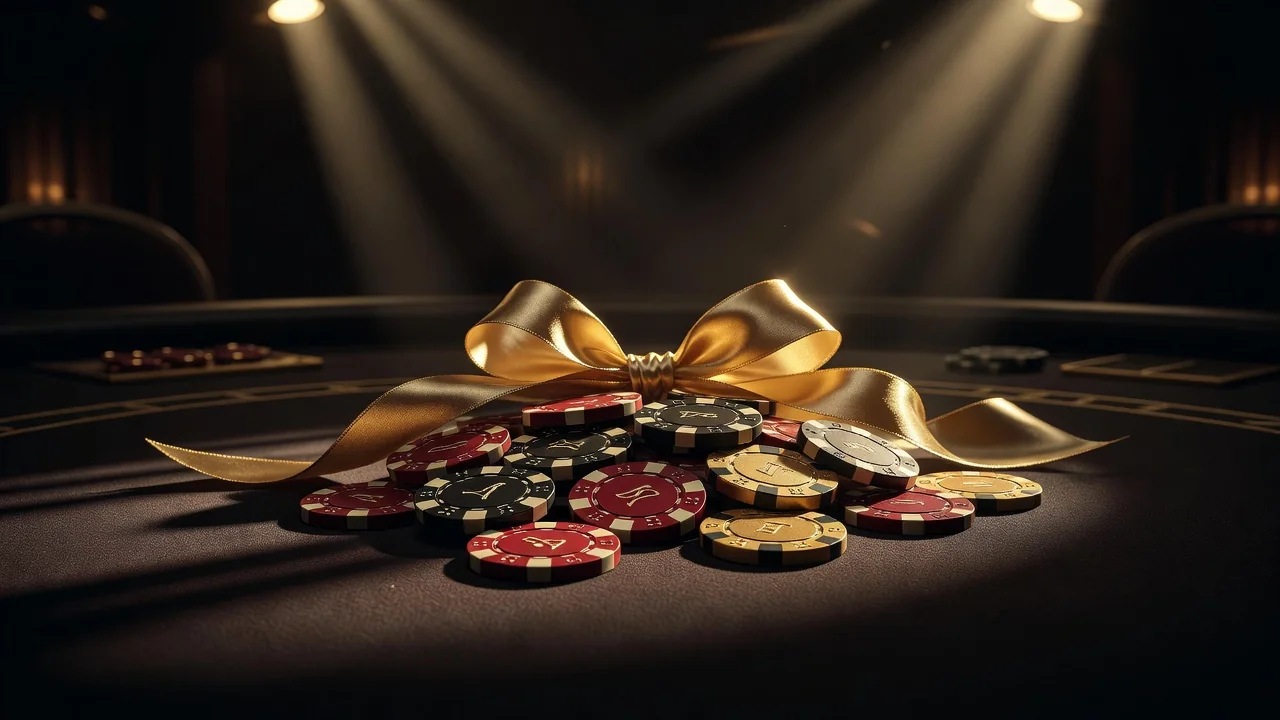 welcome bonus concept with casino chips and a gift ribbon on dark felt