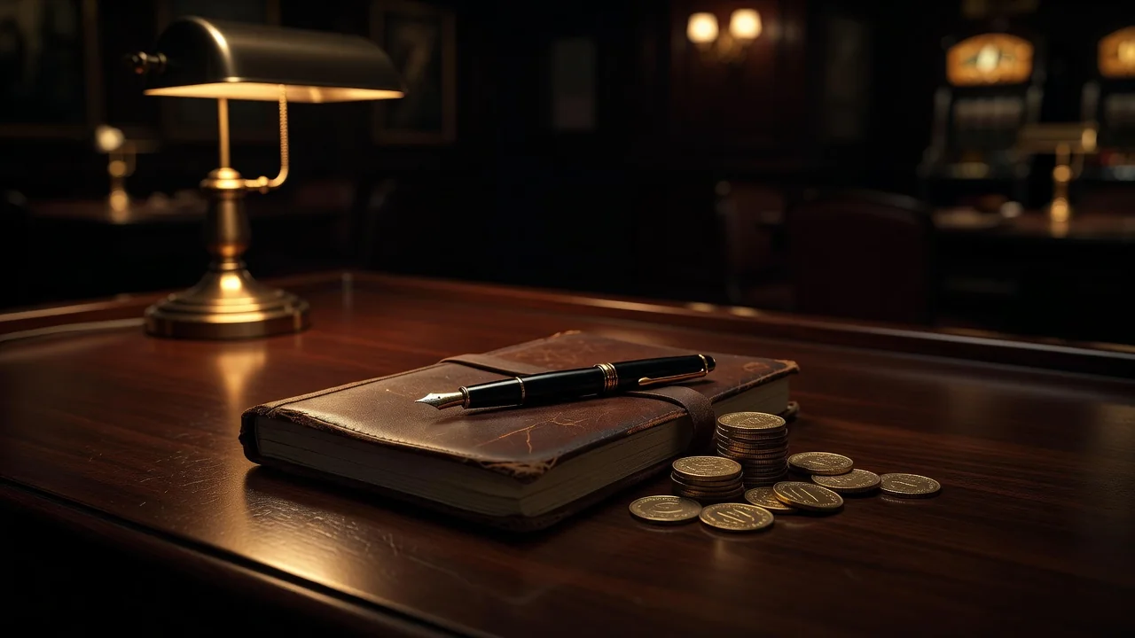 leather ledger notebook with a fountain pen and stacked coins on dark desk, warm lamp light