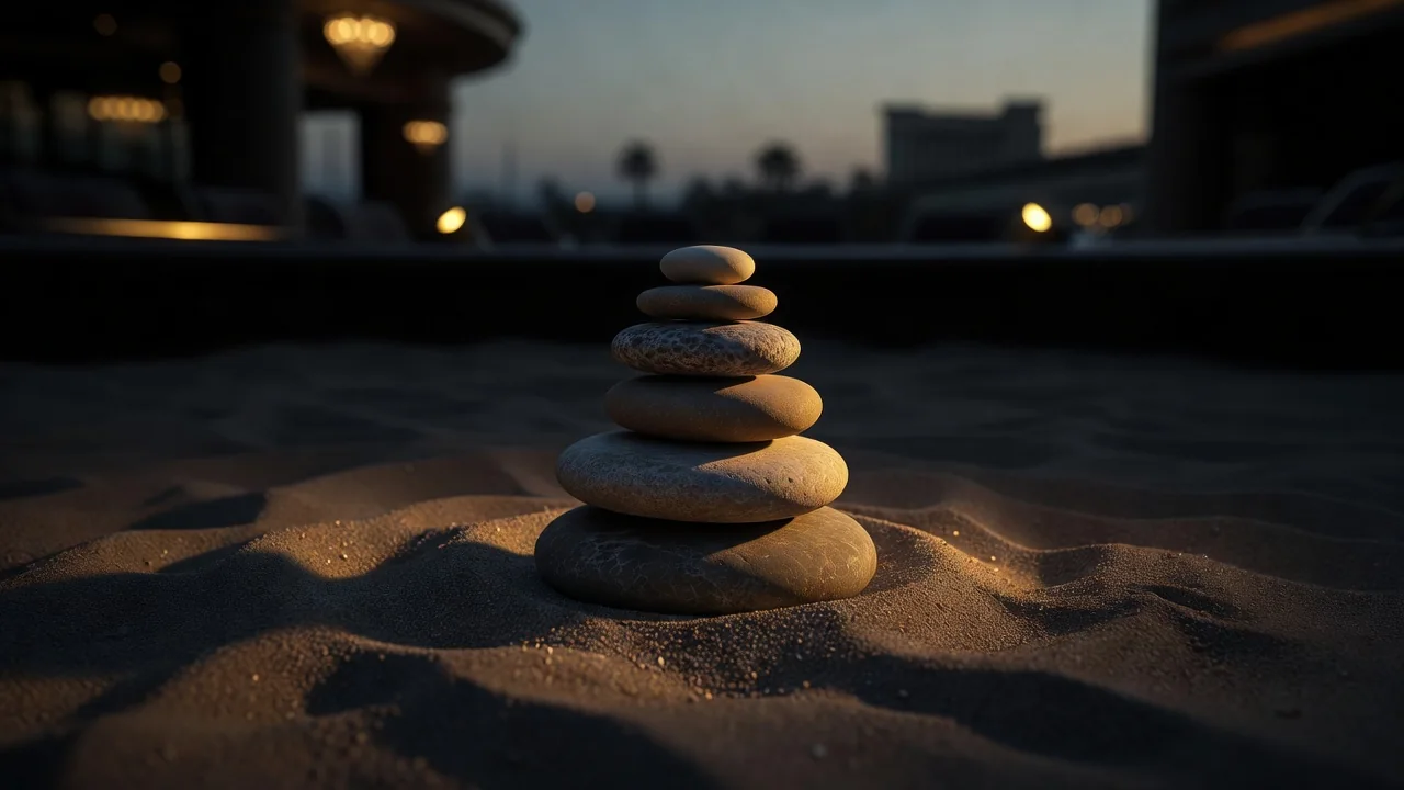balanced stack of stones on dark sand at dusk, calm minimalist composition