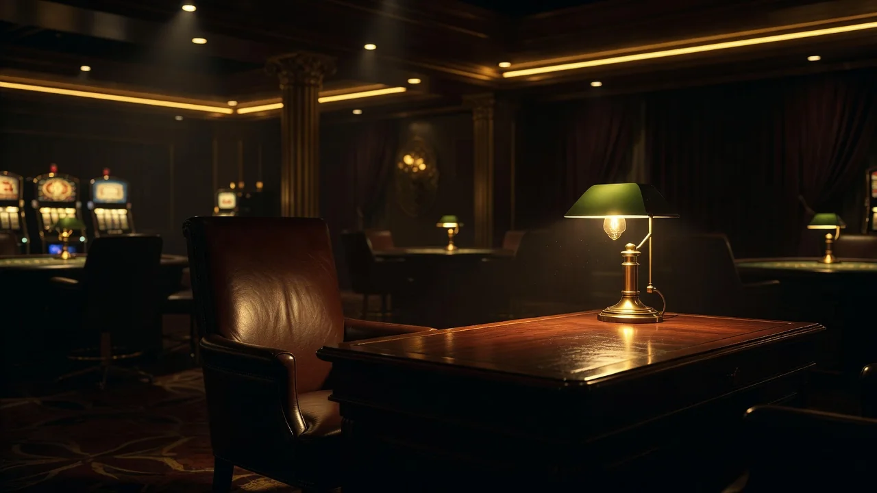 empty chair at a dim desk with a single lamp glowing, quiet reflective mood