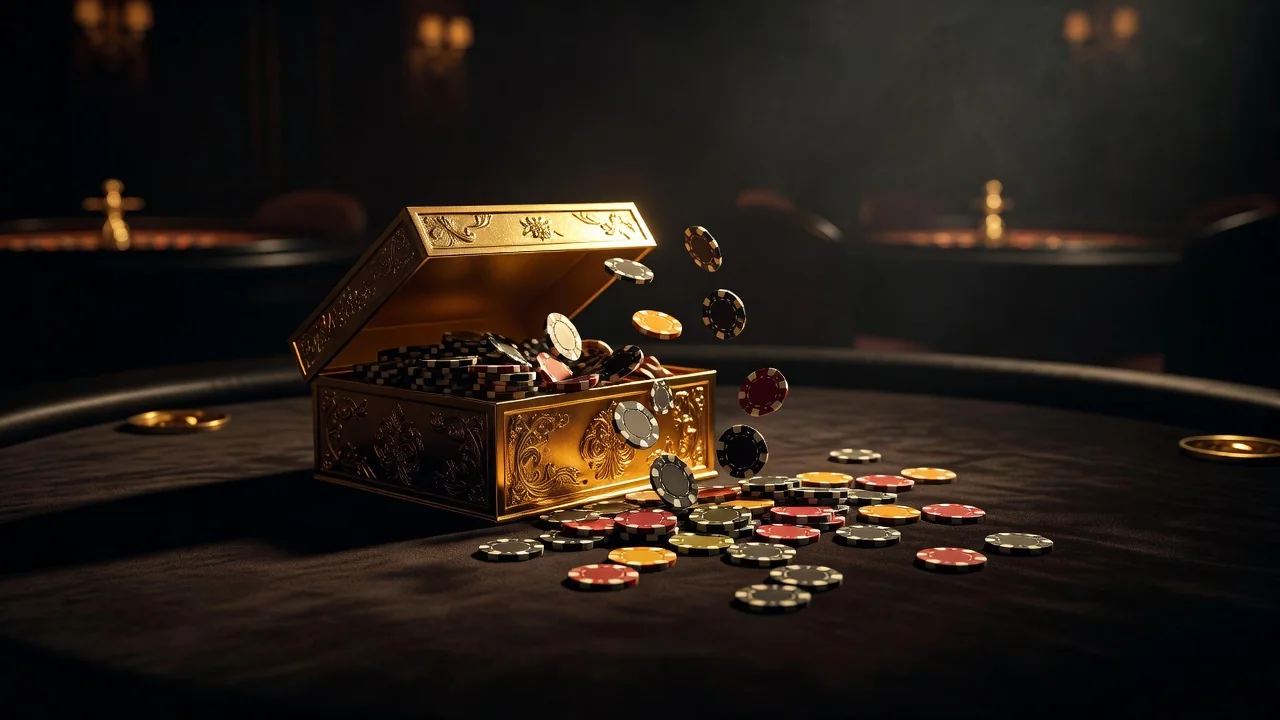 golden gift box with casino chips spilling out on dark felt table