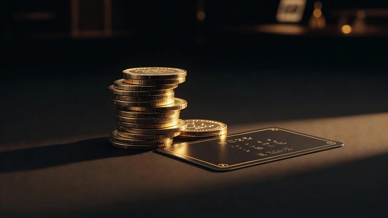 stack of golden loyalty coins and a vip card on dark background