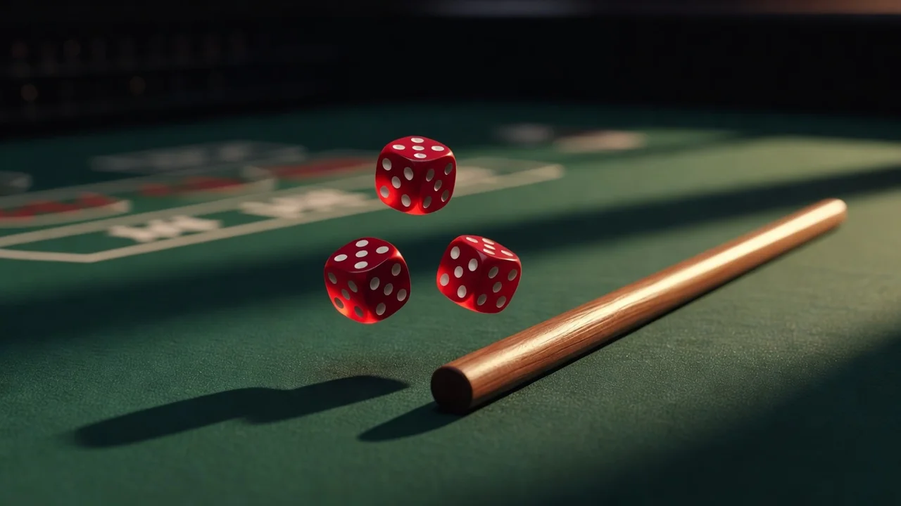 roulette wheel and playing cards on dark green felt with warm light
