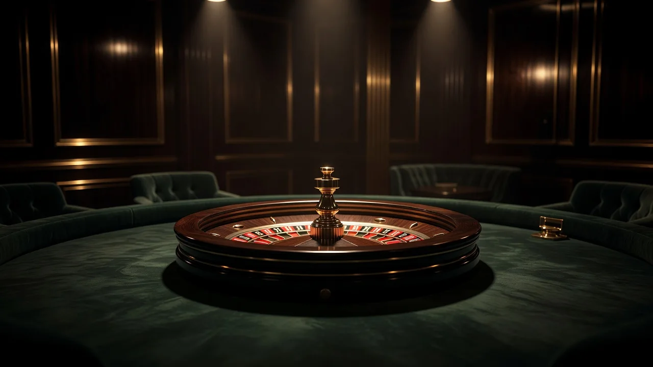roulette wheel in an elegant dark casino studio with warm spotlights