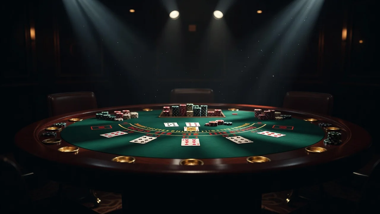 blackjack table with cards and chips under studio lights no people