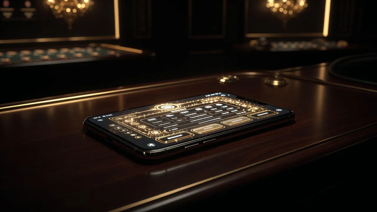 smartphone on a dark desk showing a glowing casino lobby interface with gold accents