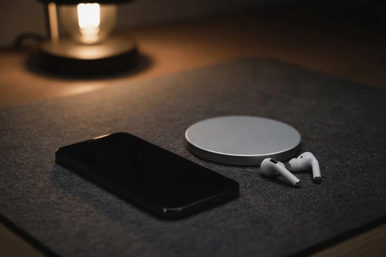smartphone beside wireless charger and earbuds on dark felt surface, moody lighting