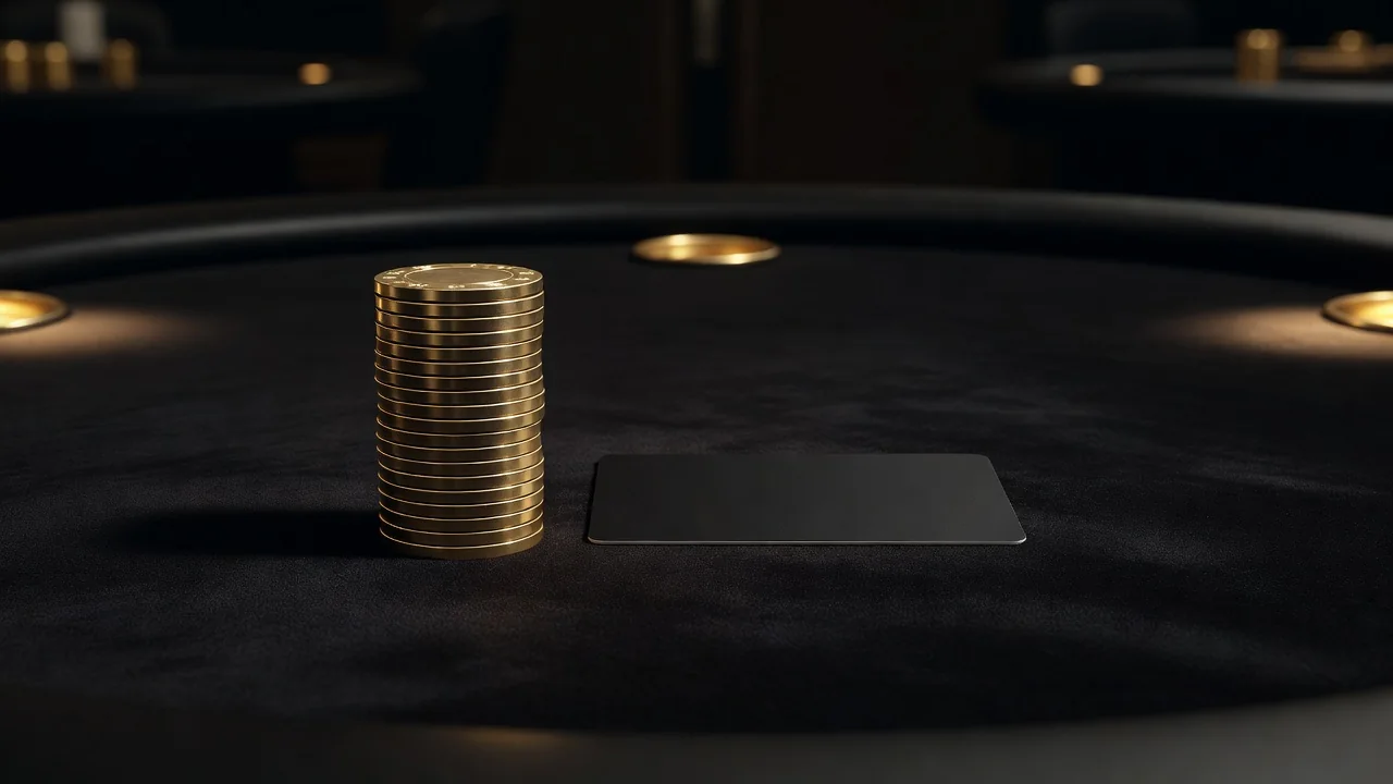 stack of gold casino chips beside a blank dark bank card on black felt