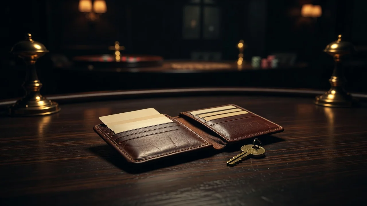 open leather wallet with blank cards and a brass key on dark wooden table