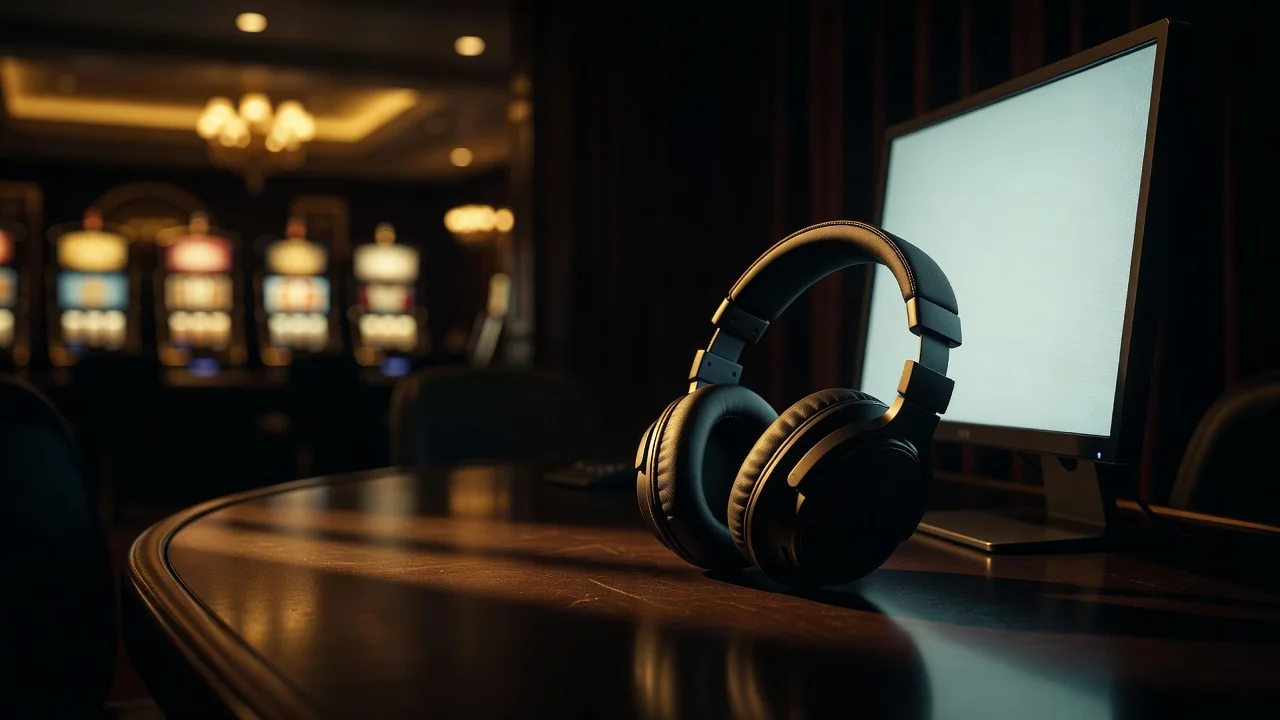 modern headset resting on a dark desk next to a glowing monitor edge, warm gold light