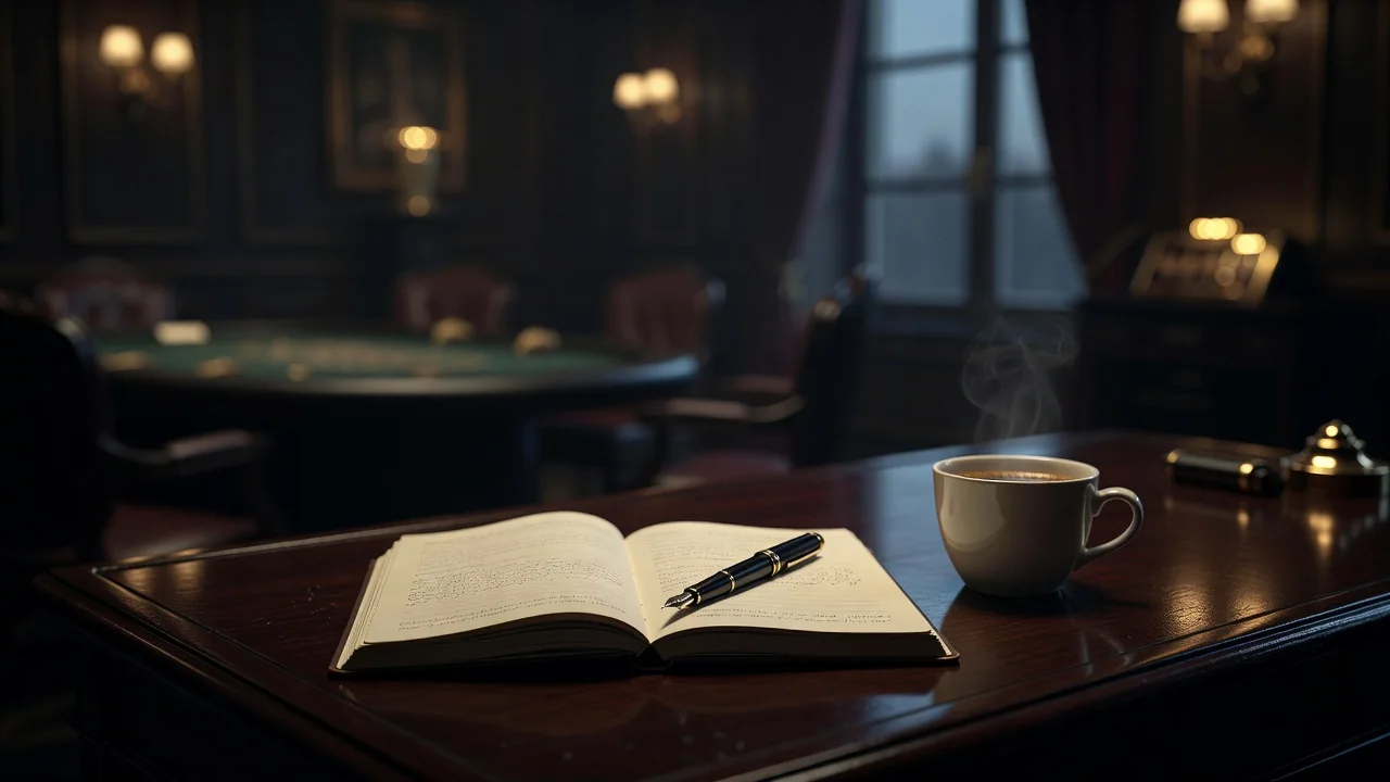 open notebook with a pen and a cup of coffee on a dark wooden desk, calm evening light