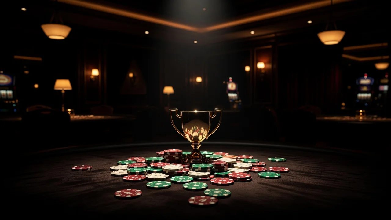 gold trophy cup surrounded by casino chips on dark felt with spotlight