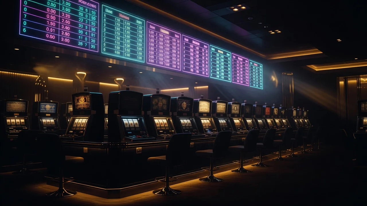 neon-lit leaderboard glow reflecting on a row of slot machine silhouettes in a dark hall