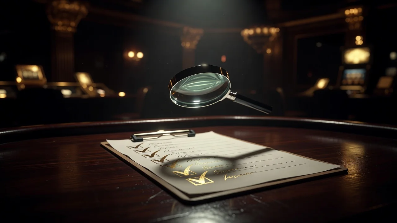 magnifying glass hovering over a clipboard with checkmarks drawn in gold pen, dark desk, dramatic light