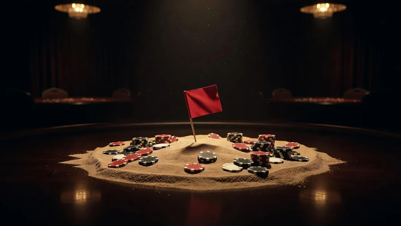small red warning flag planted in a sandbox beside scattered casino chips, minimalist dark composition