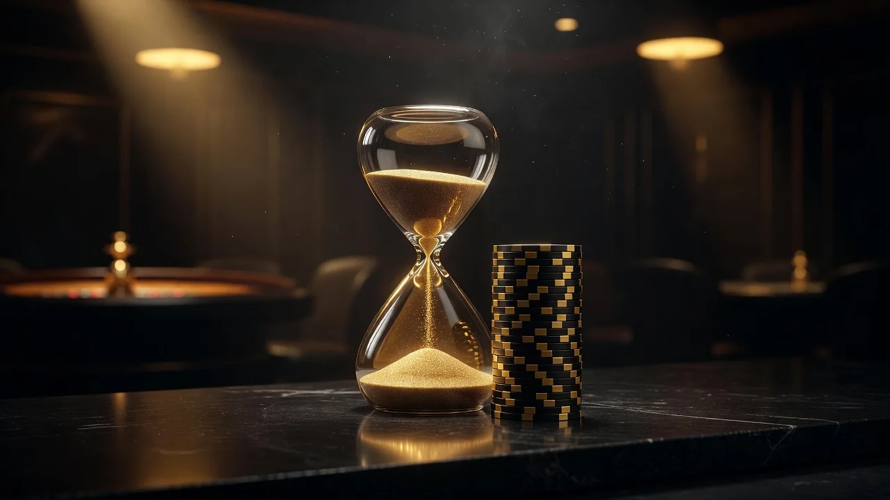 hourglass with golden sand beside stacked casino chips on black stone surface