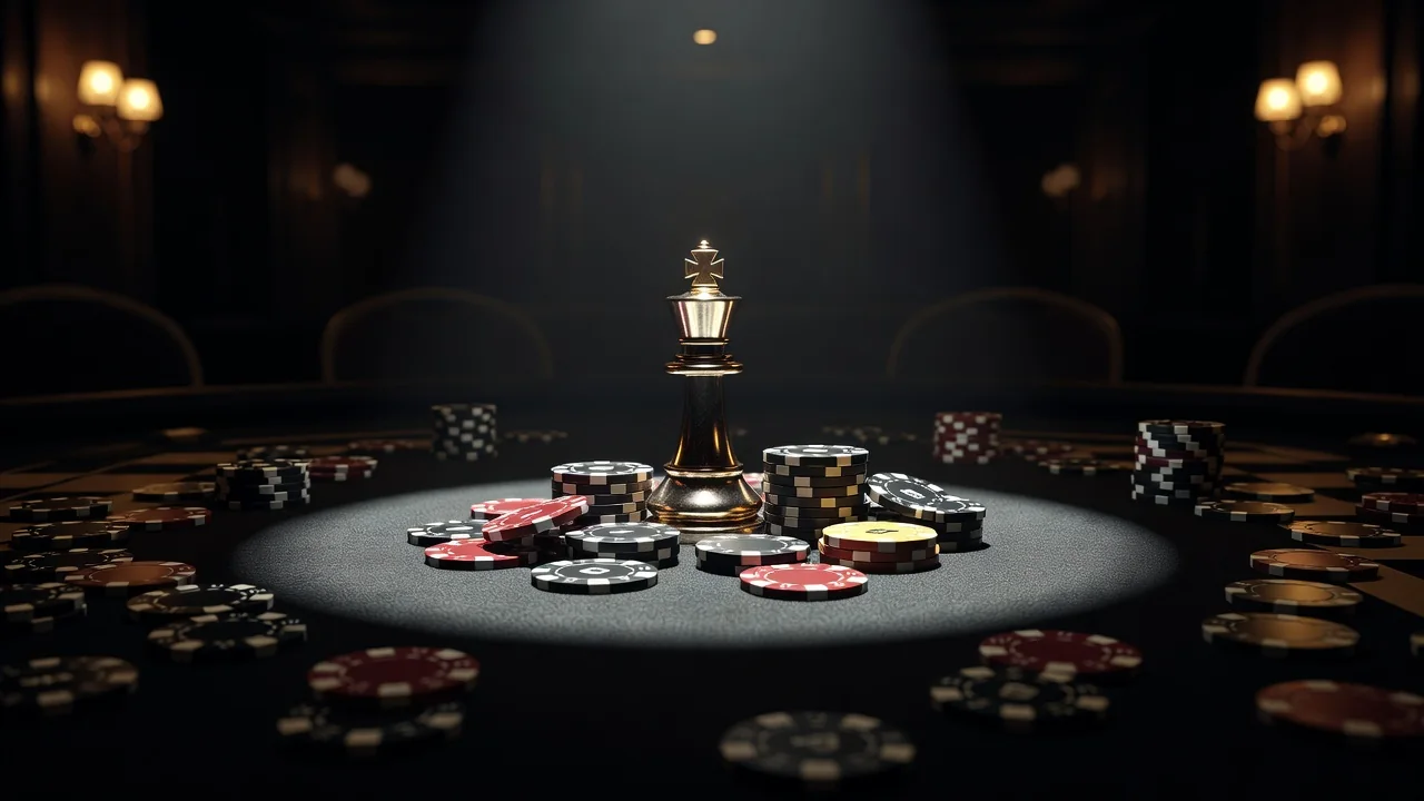 chess king piece standing among scattered casino chips on dark felt, dramatic spotlight