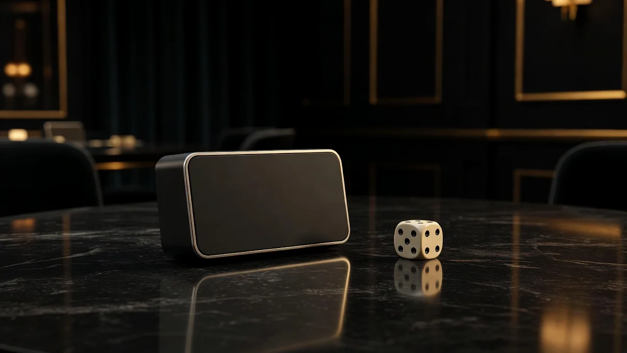 chess clock beside a single die on black stone surface, minimalist dark composition