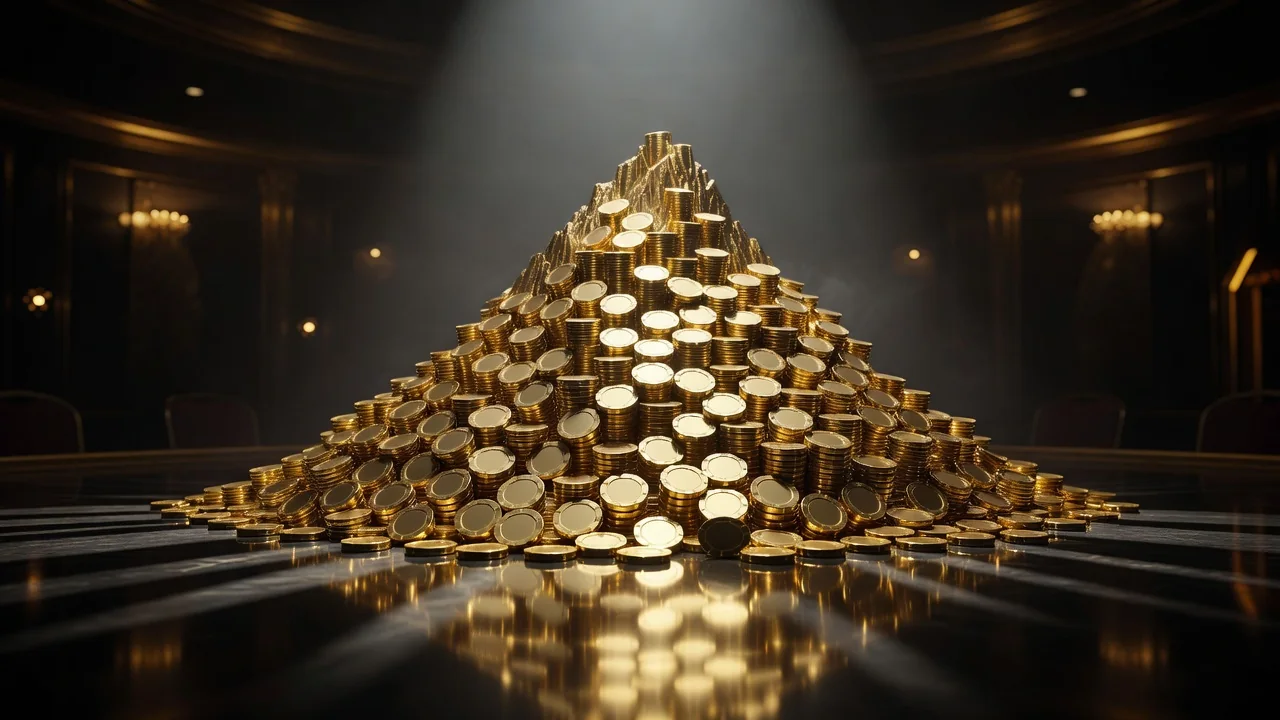 mountain of gold casino chips forming a peak on dark reflective surface, single spotlight from above
