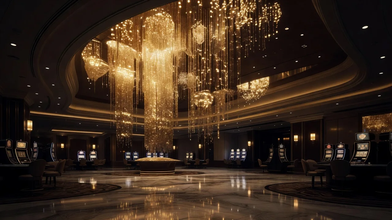 wide view of a glowing casino hall ceiling with cascading golden light installations, no people