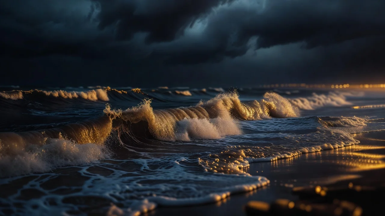 stormy sea waves frozen in a long-exposure photograph at dusk, dark and moody
