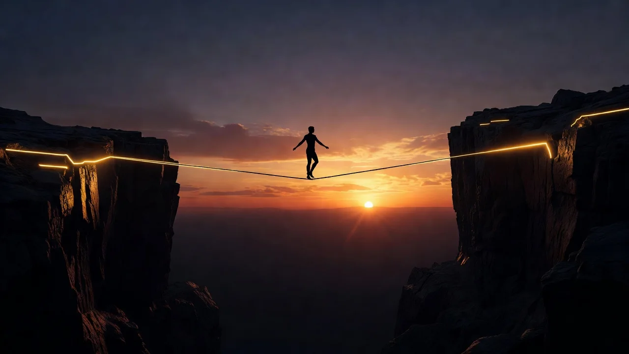 tightrope walker silhouette crossing between two cliffs at sunset, minimal composition